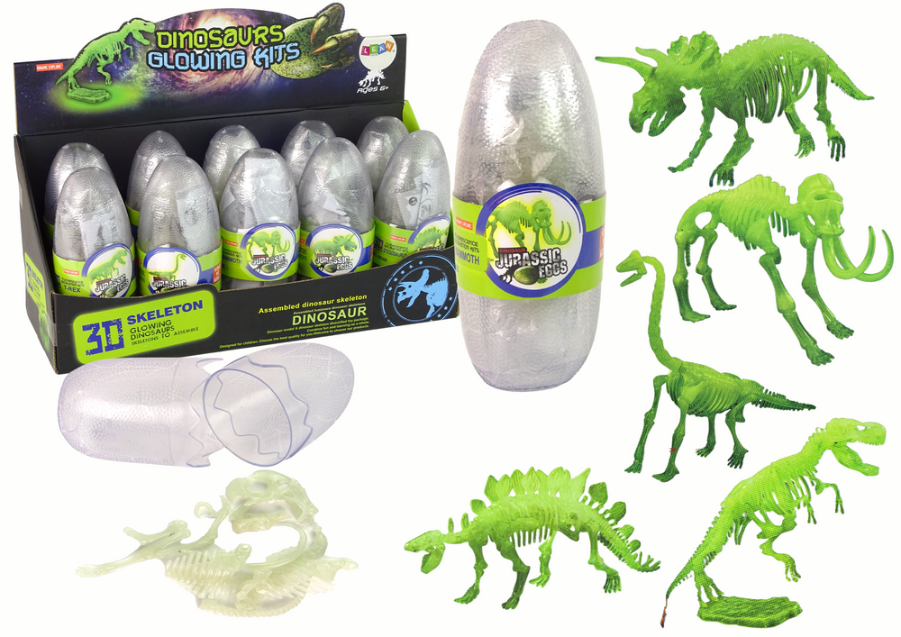 3D kostra dinosaura ve vejci svítící v temnotě