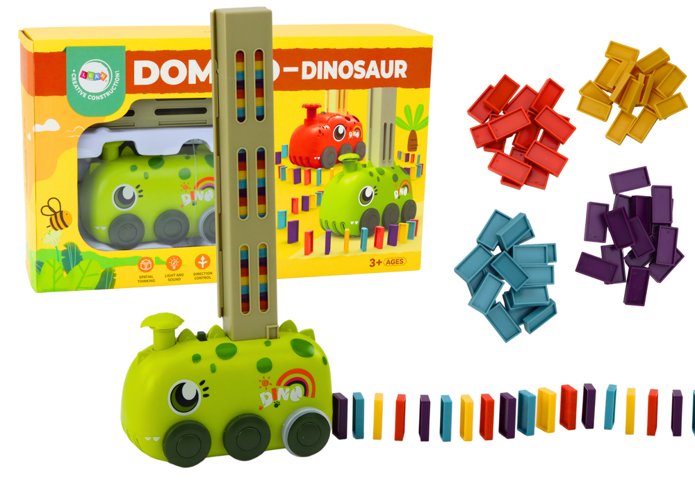Autíčko zelený dinosaurus na baterie skládající barevné domino 4 barvy kostek