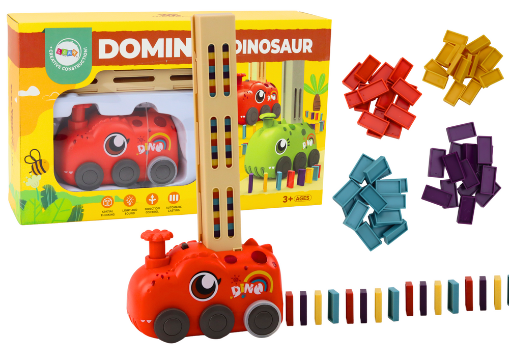 Červené autíčko dinosaurus na baterie s barevným domino 4 barvy kostek