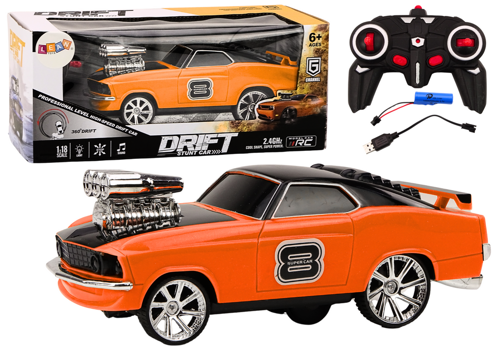 Dálkově ovládané auto 1:18 Drift 360 světla zvuky oranžové