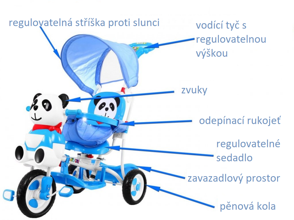Dětská tříkolka Panda se zvukovými efekty modrá - Obrázek 2