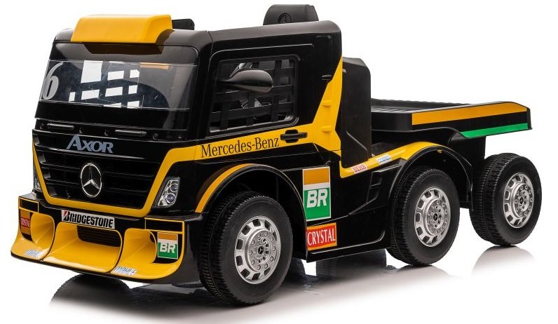 Dětský elektrický kamion Mercedes Axor LCD MP4 s návěsem žlutý