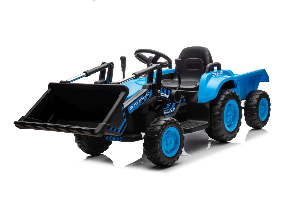 Dětský elektrický traktor s radlicí a přívěsem modrý