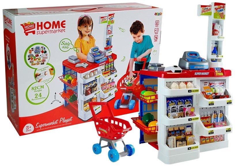 Dětský supermarket s nákupním košíkem červený