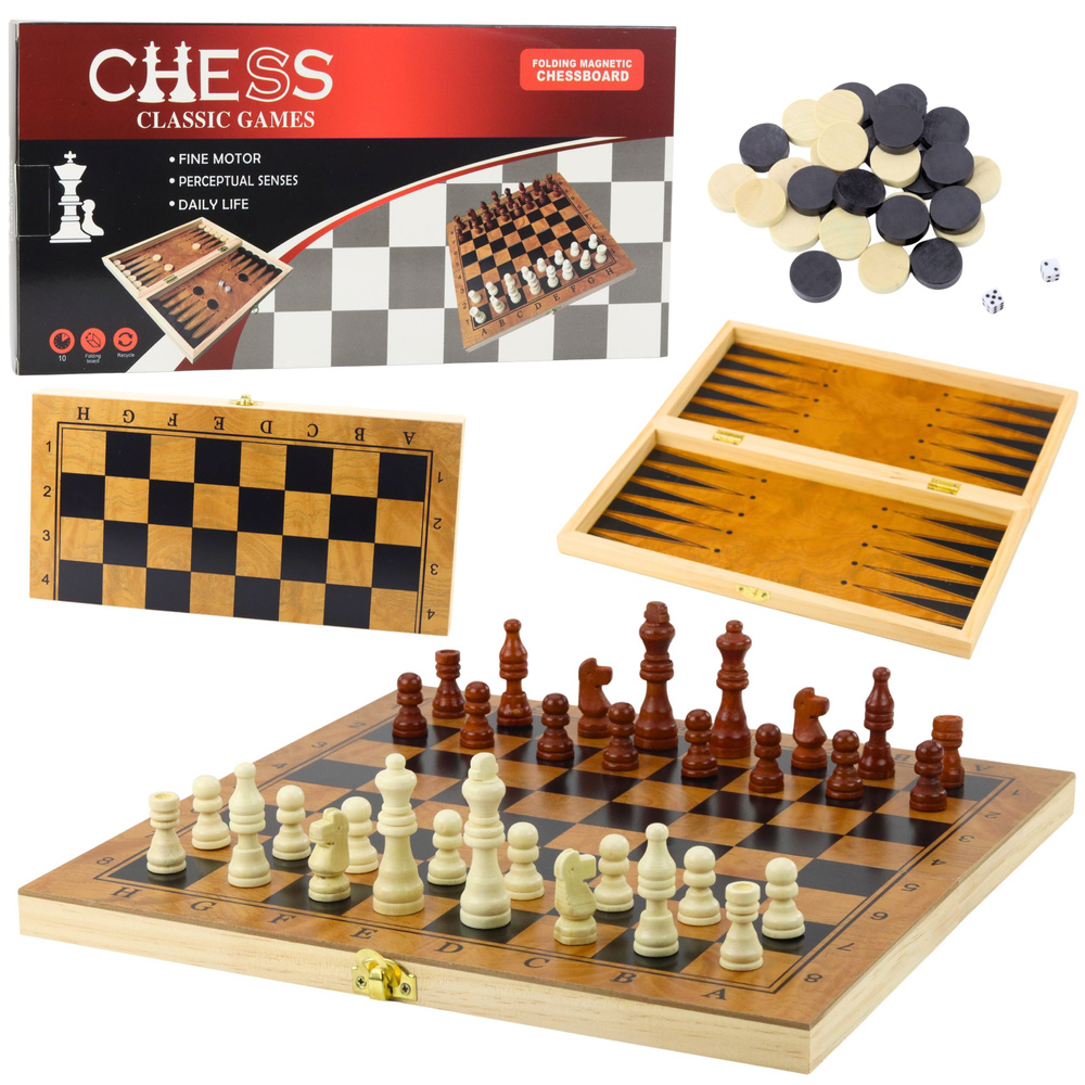 Dřevěná logická hra 3v1 Šachy Dáma Backgammon