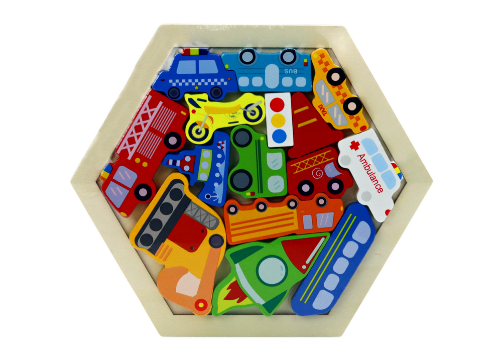 Dřevěná skládanka puzzle Vozidla raketa barevná 15 dílků