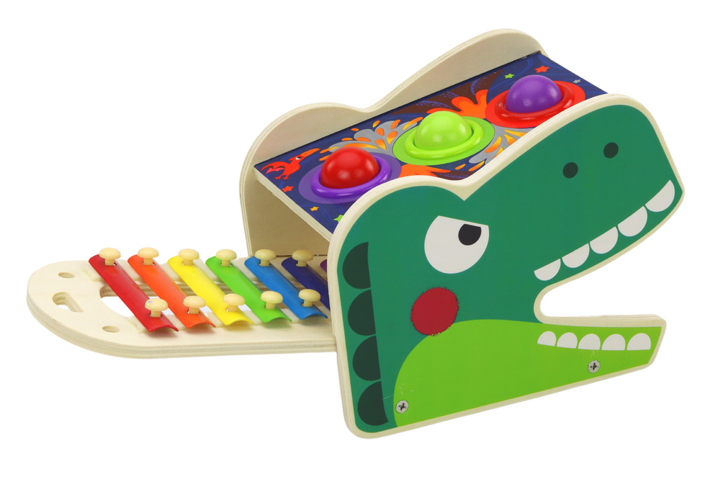 Dřevěný červený dinosaur s kladívkem a xylofonem 2v1 - Obrázek 2