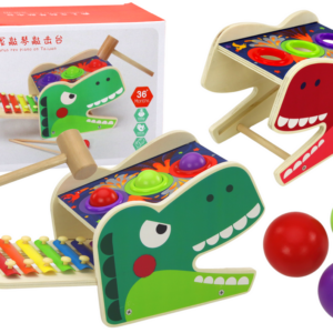 Dřevěný červený dinosaur s kladívkem a xylofonem 2v1