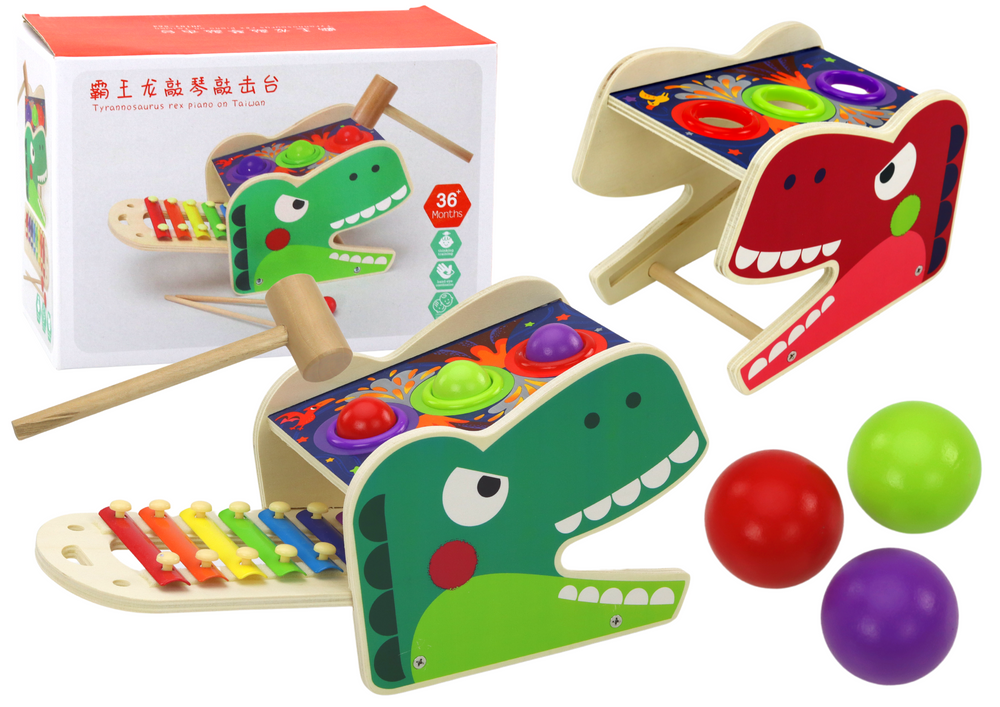 Dřevěný červený dinosaur s kladívkem a xylofonem 2v1