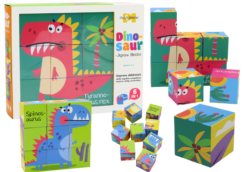 Edukační puzzle 6v1 skládačka kostky 6 obrázků dinosauři 9 dílů