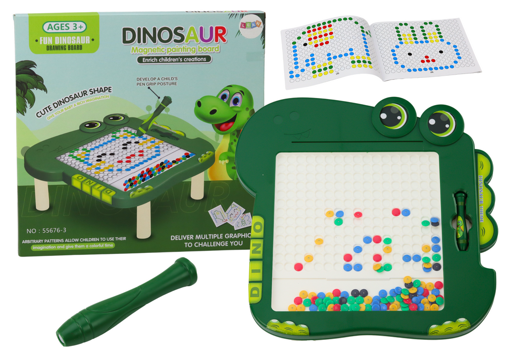 Edukativní magnetická tabule Dino puzzle zelená s korálky