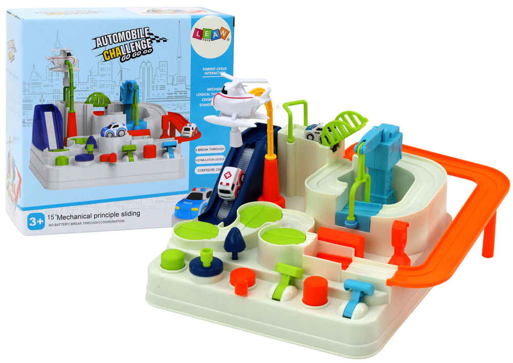 Interaktivní závodní dráha s parkovištěm pro děti autíčka