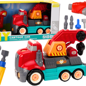 Kreslený červený jeřáb nákladní auto s hákem DIY na rozebírání