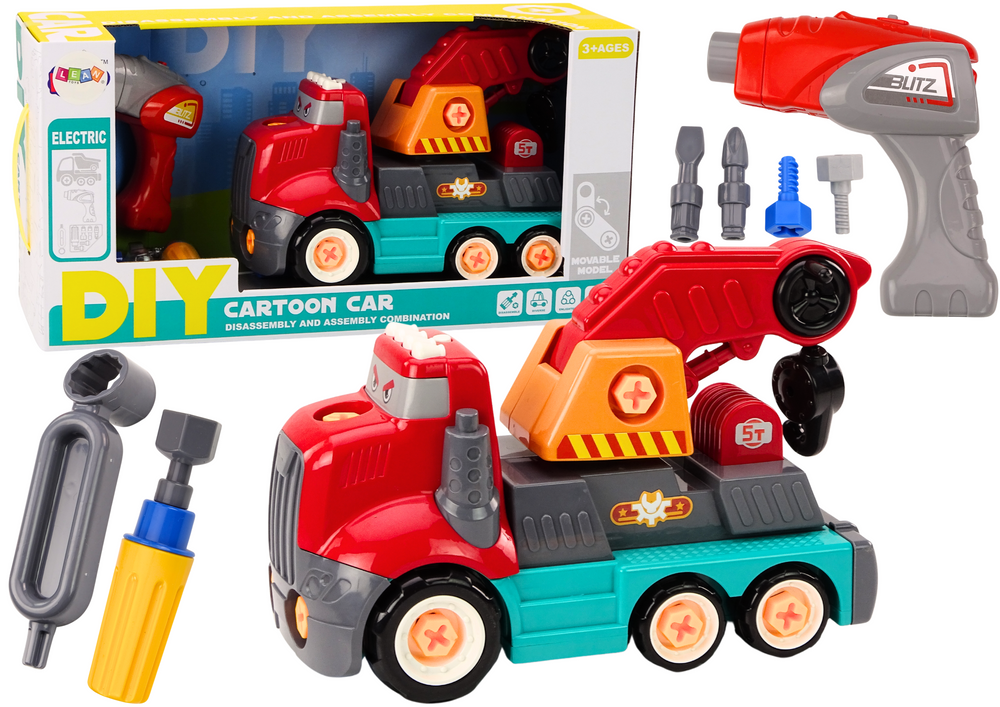 Kreslený červený jeřáb nákladní auto s hákem DIY na rozebírání