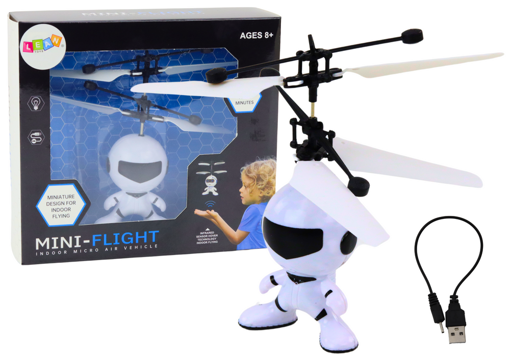 Létající dron astronaut řízený rukou bílý
