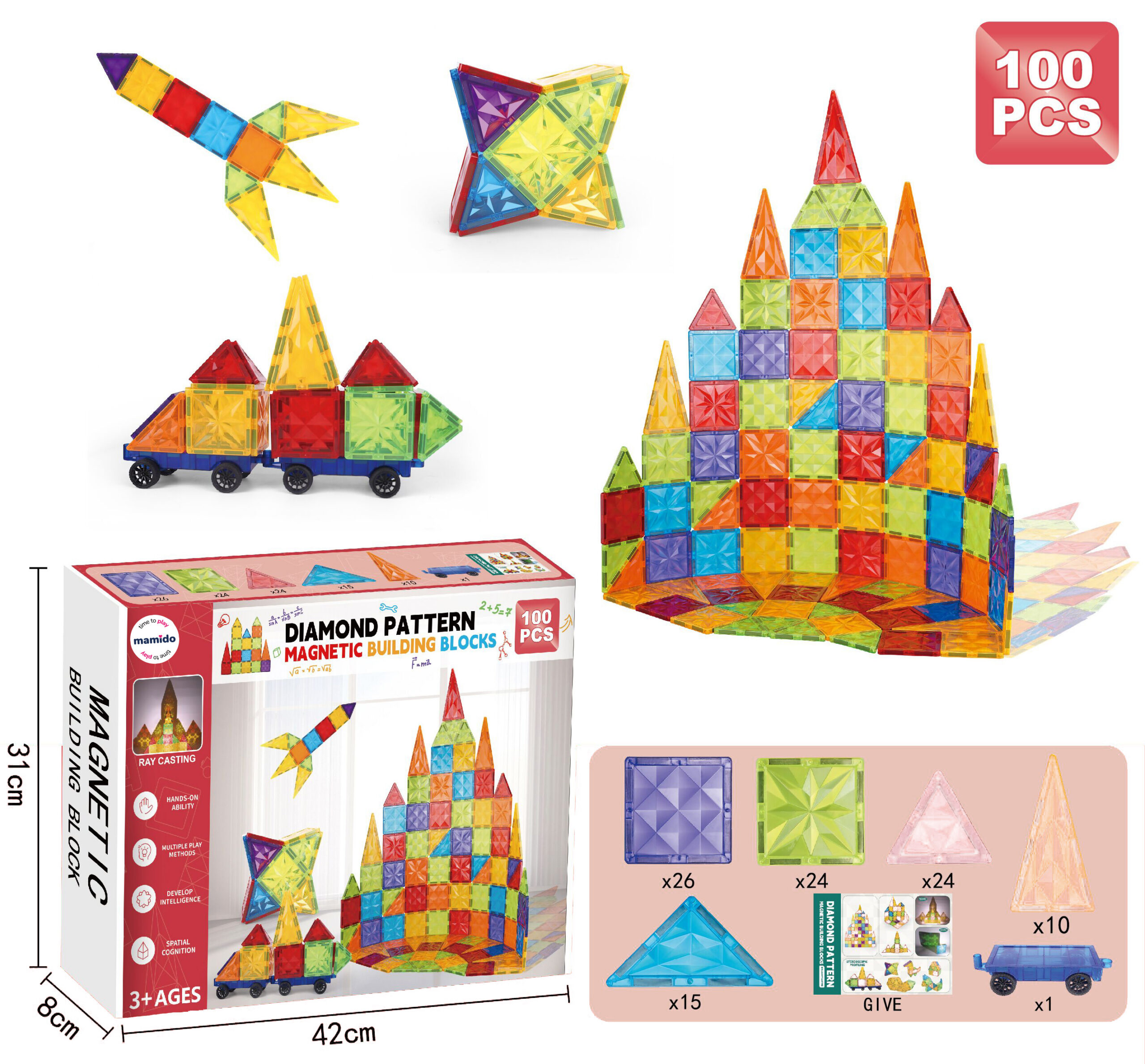 Mamido Magnetická stavebnice 100 dílů Diamond Pattern MT1162