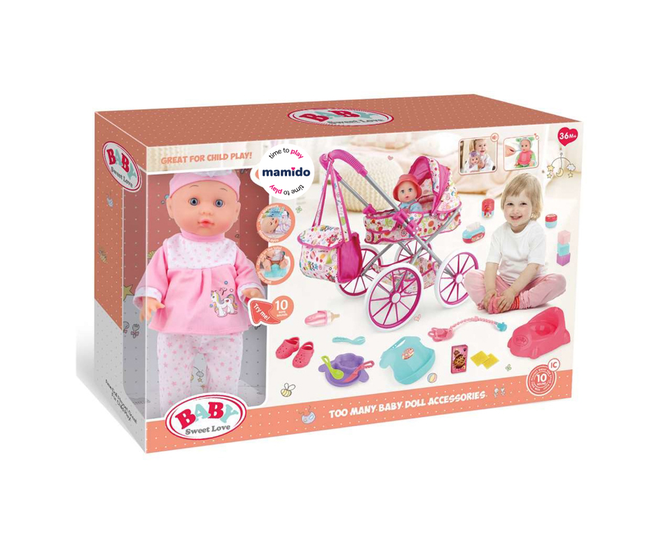 Mamido Panenka miminko s kočárkem a doplňky Baby Sweet Love MT1596 - Obrázek 2