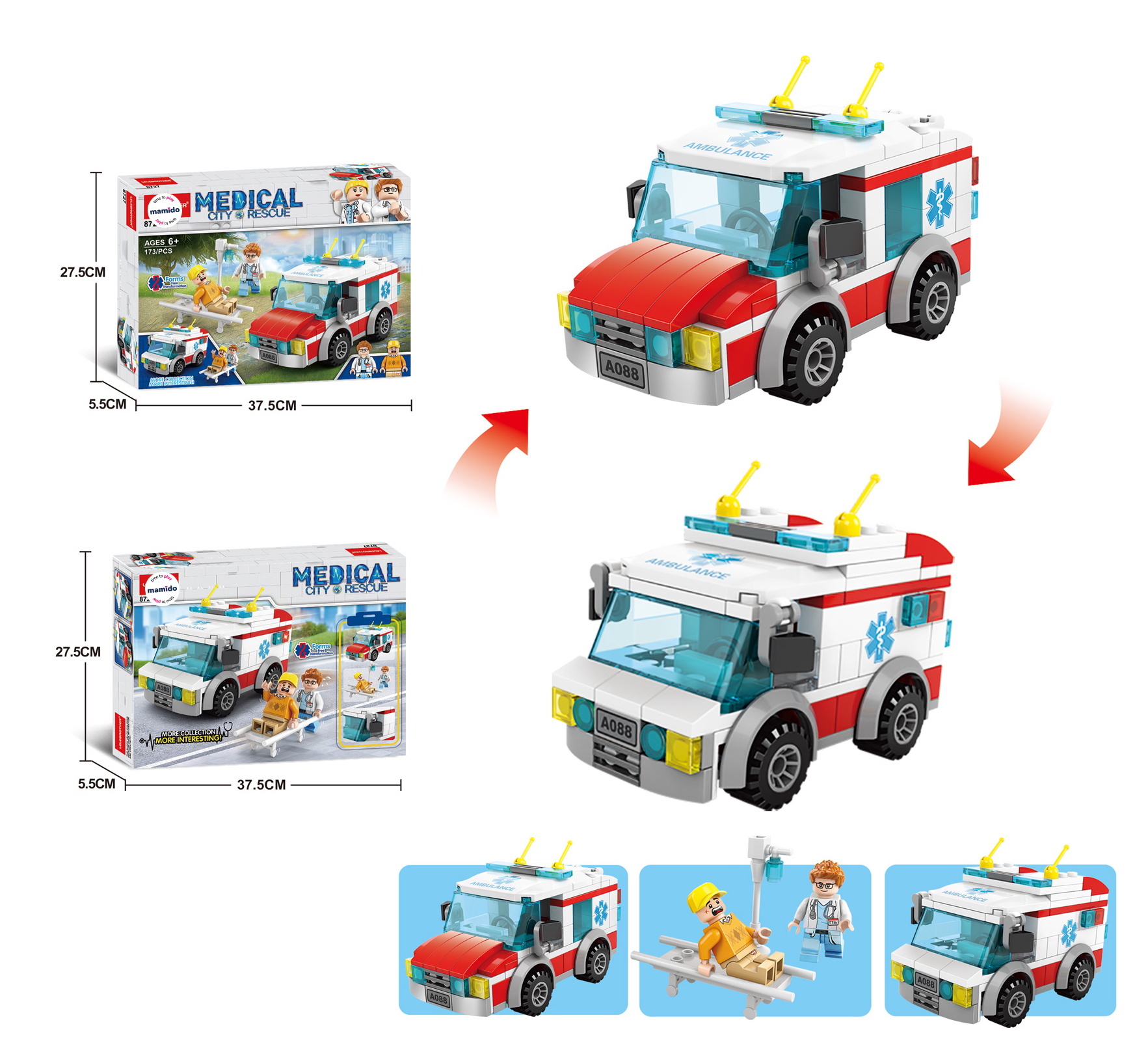 Mamido Stavebnice sanitky 173 dílků Medical Rescue s figurkami MT1126