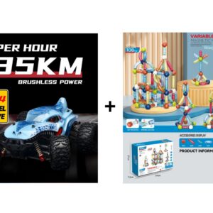 Mamido Výhodná sada RC Monster Truck 1:16  Max 35 km/h 4x4 + Magnetická stavebnice Variable 108 dílků