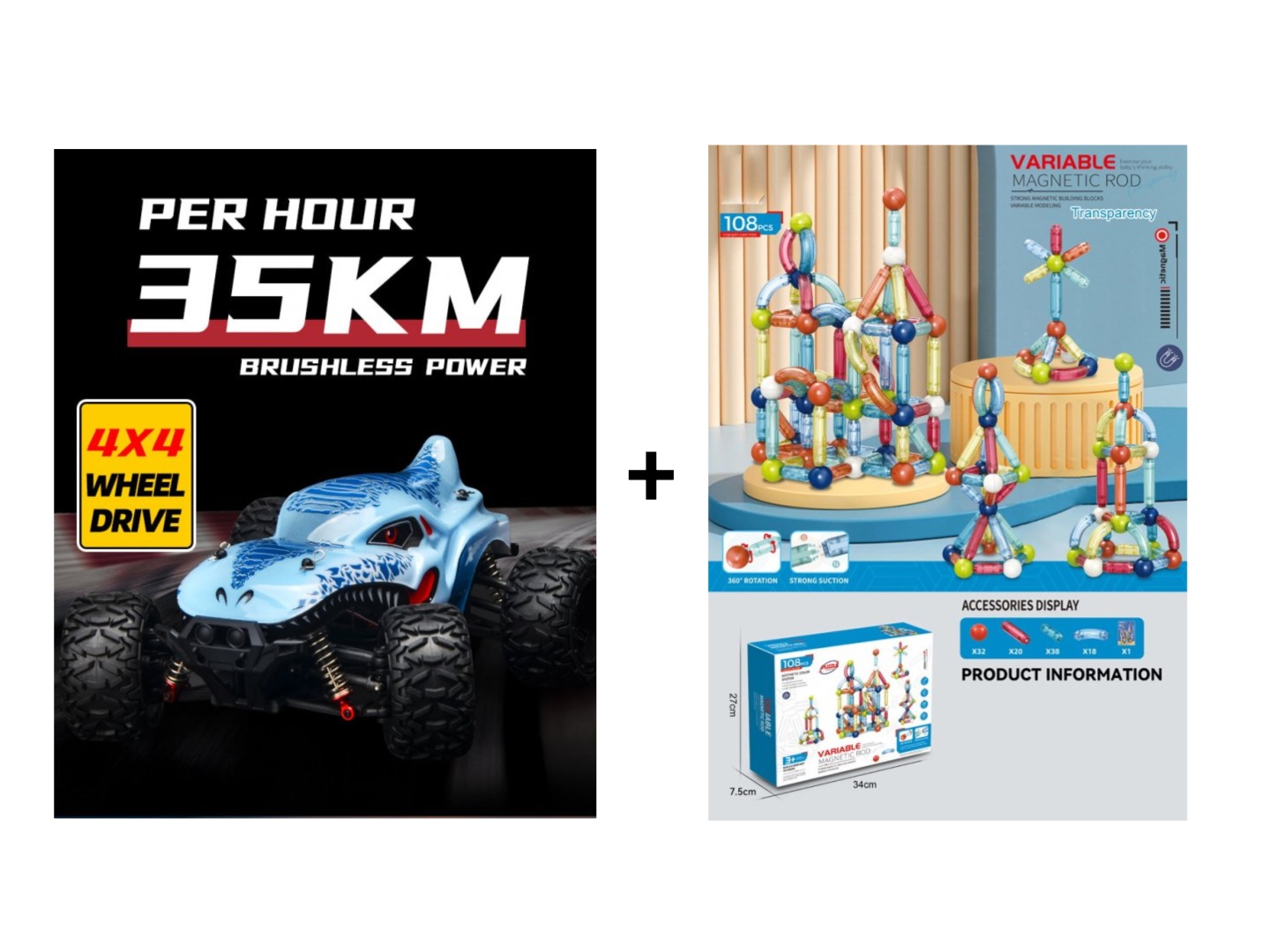 Mamido Výhodná sada RC Monster Truck 1:16 Max 35 km/h 4x4 + Magnetická stavebnice Variable 108 dílků