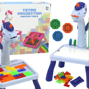Mini projektor stolek Tetris 2v1 jednorožec modrý