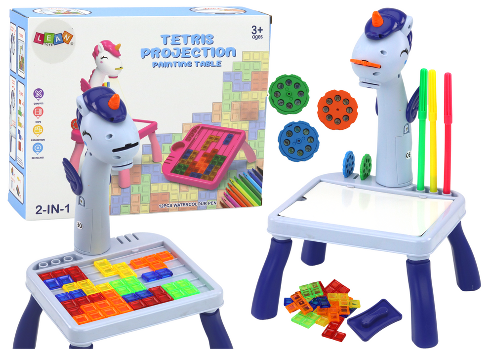 Mini projektor stolek Tetris 2v1 jednorožec modrý