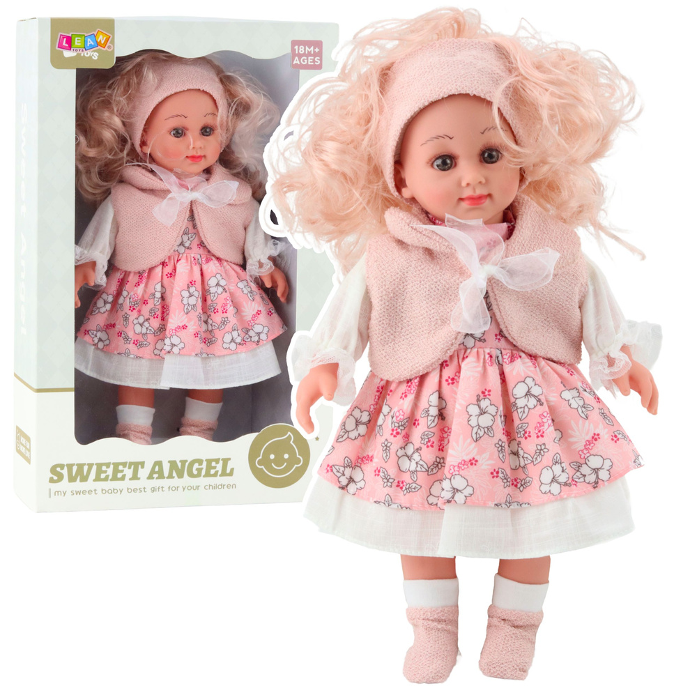 Panenka Sweet Angel v růžových šatech s květinovým vzorem a čelenkou 36 cm