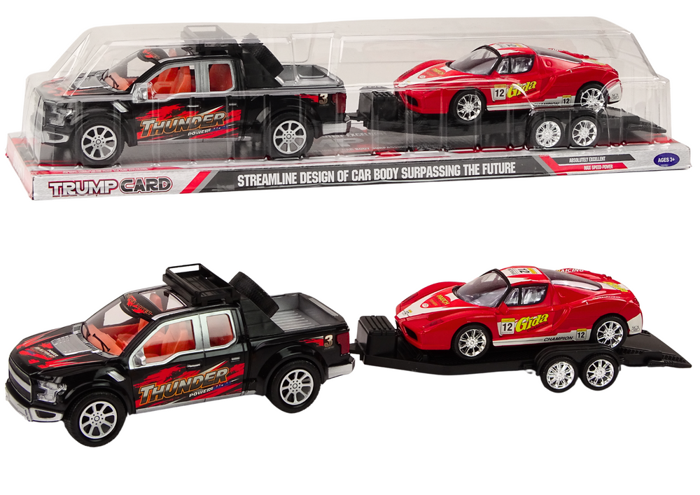 Pickup auto s přepravním přívěsem a sportovním terénním autem sada