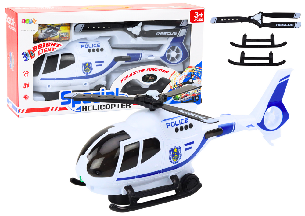 Policejní helikoptéra jezdící se světly a zvuky