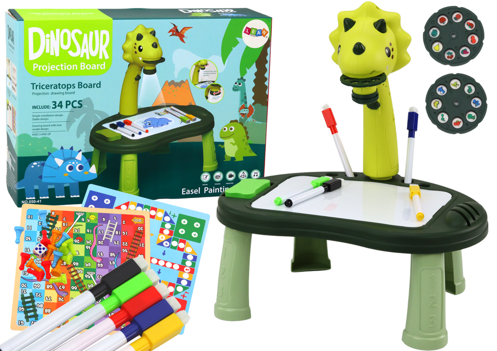 Projektor kreslení dinosaurus se stolkem a 2v1 hrou Hadi a žebříky zelený