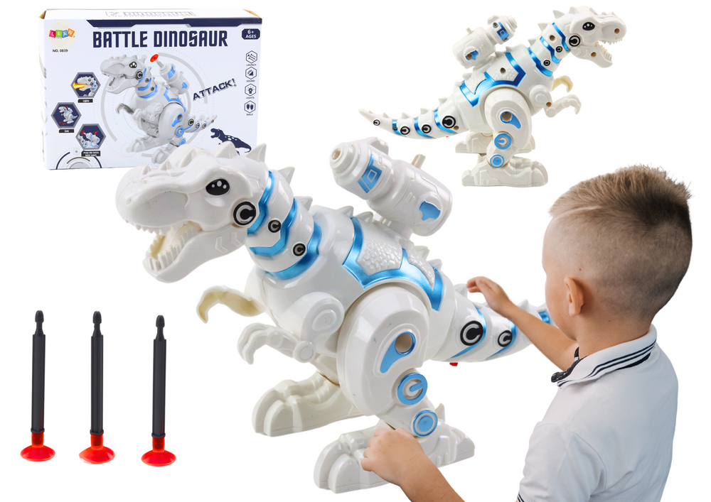 Robot dinosaurus s vystřelovačem šipek se světly a zvuky bílý