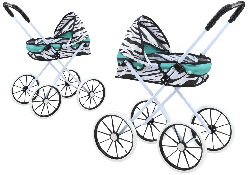 Skládací kočárek pro panenky s velkými koly Zebra tyrkysový