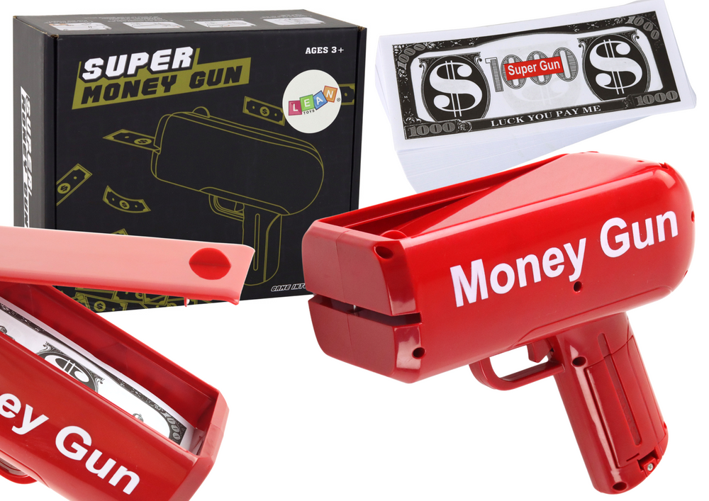 Střílecí pistole na peníze červená Money Gun bankovky