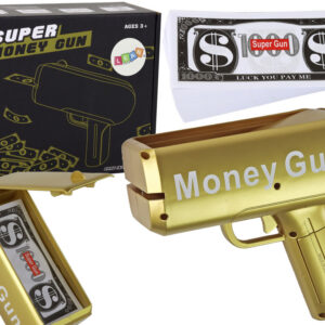 Střílející zlatá pistole na peníze - Money Gun bankovky