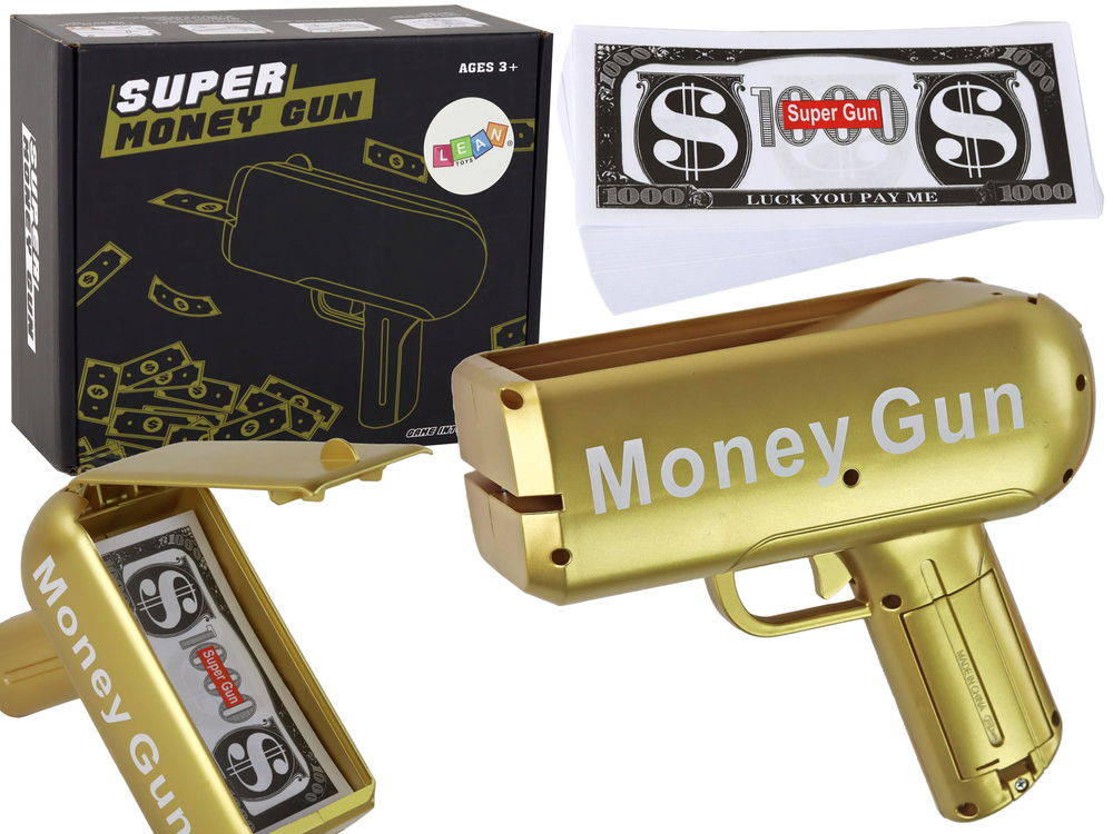 Střílející zlatá pistole na peníze - Money Gun bankovky