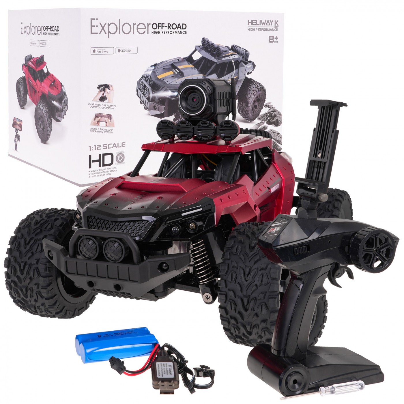 Terénní autíčko na dálkové ovládání Crawler Pioneer 1:12 s kamerou červené