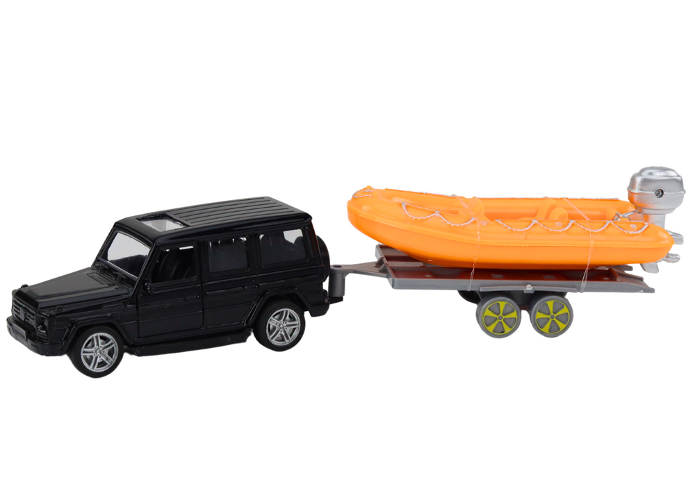 Terénní auto černé s přívěsem oranžový člun - Obrázek 2