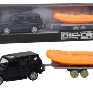 Terénní auto černé s přívěsem oranžový člun