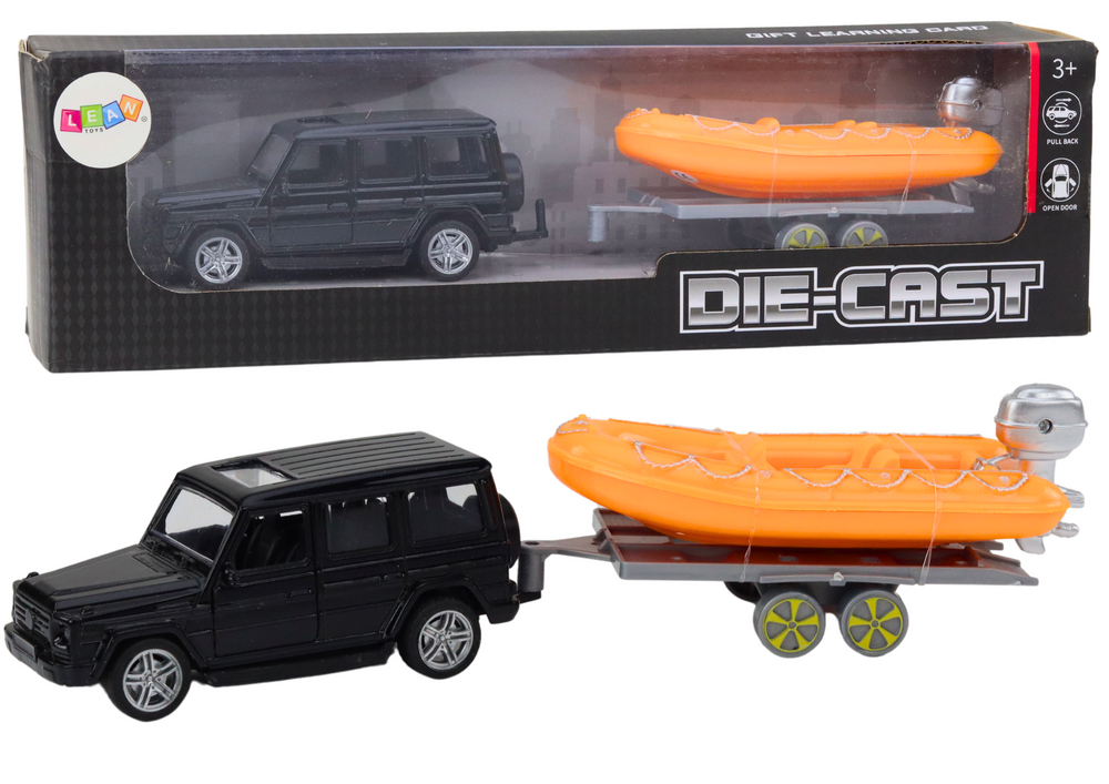 Terénní auto černé s přívěsem oranžový člun