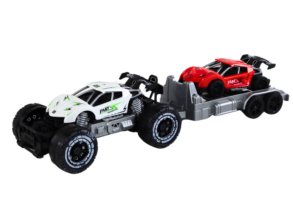Terénní auto s vlečným vozíkem a sportovním autíčkem bílé - Obrázek 2