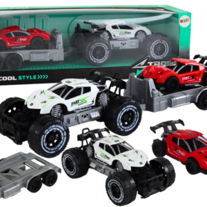 Terénní auto s vlečným vozíkem a sportovním autíčkem bílé