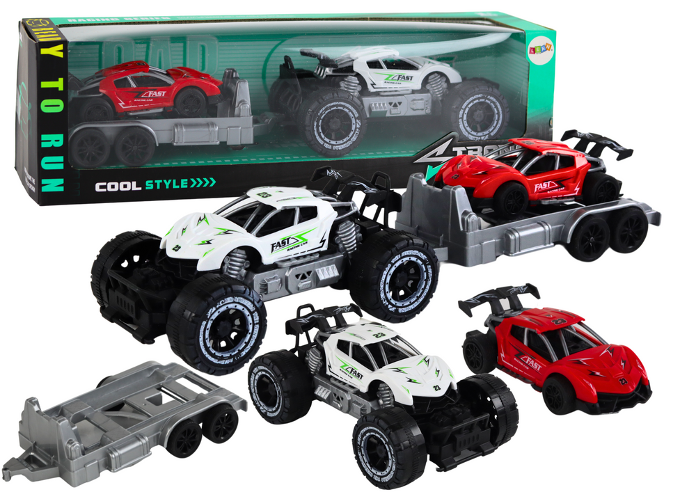 Terénní auto s vlečným vozíkem a sportovním autíčkem bílé
