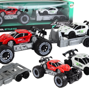 Terénní auto s vlečným vozíkem a sportovním autíčkem červené