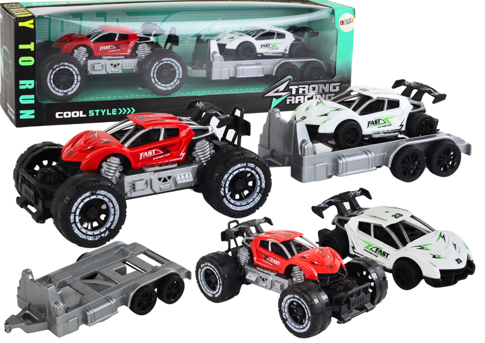 Terénní auto s vlečným vozíkem a sportovním autíčkem červené