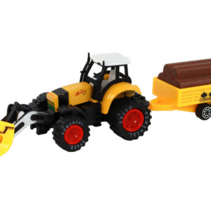 Traktor s přívěsem na dřevo žlutý
