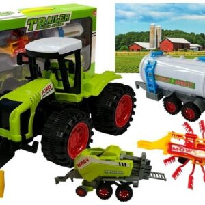 Traktor se třemi přívěsy sklízení sena zelený