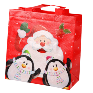 Vánoční dárková taška Santa Klaus a tučňáčci 22cm x 22cm x 11cm červená