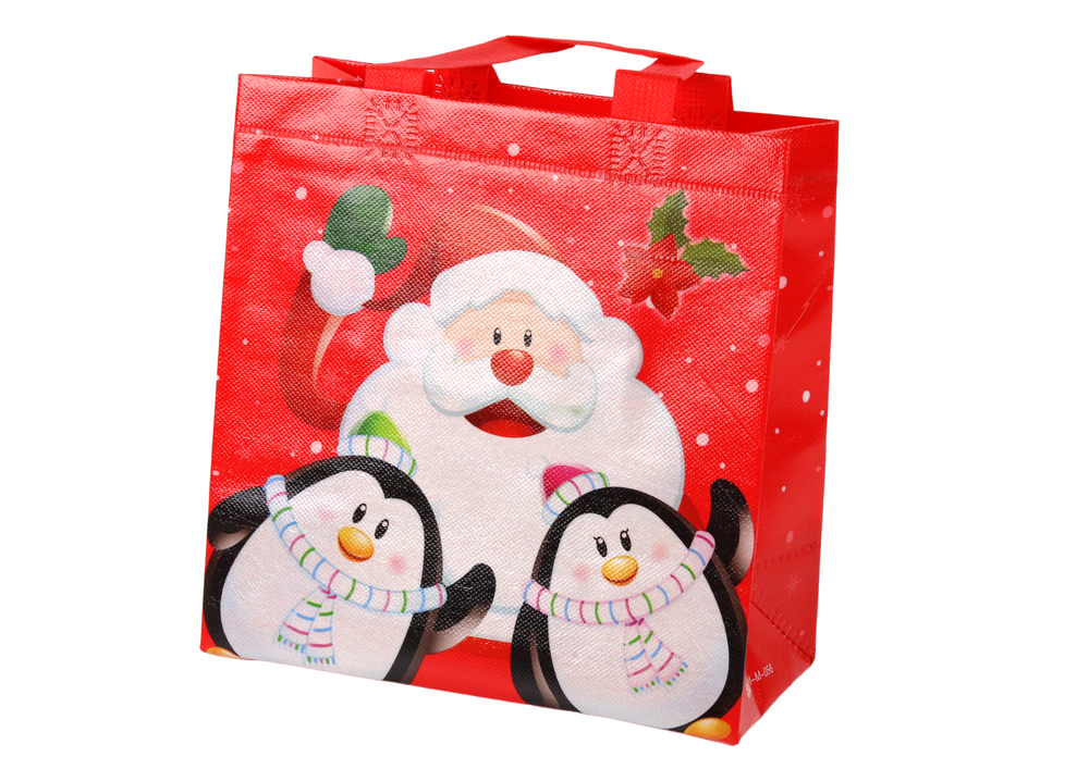 Vánoční dárková taška Santa Klaus a tučňáčci 22cm x 22cm x 11cm červená