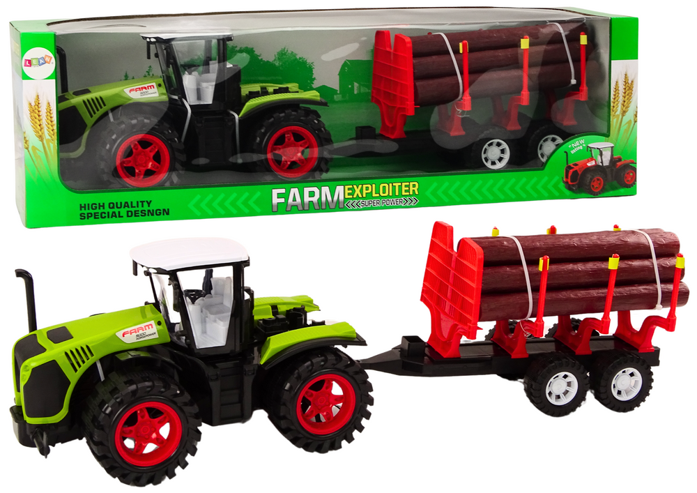 Zelený farmářský traktor s přívěsem na dřevo 9 kmenů