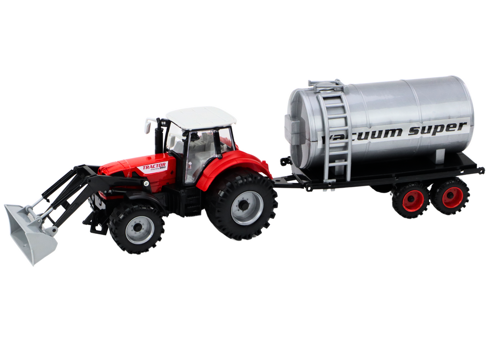 Zemědělský traktor s bagrem a cisternou červený s pohonem - Obrázek 2